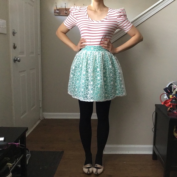 Modcloth Small Teal Floral Organza Skirt NWOT - Picture 7 of 11